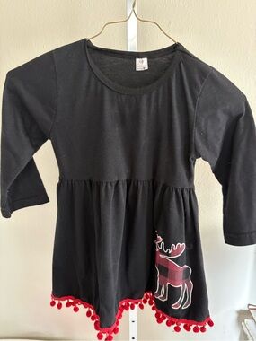 Girls Black Long Sleeve Dress with Red Pom Trim and Moose Motif